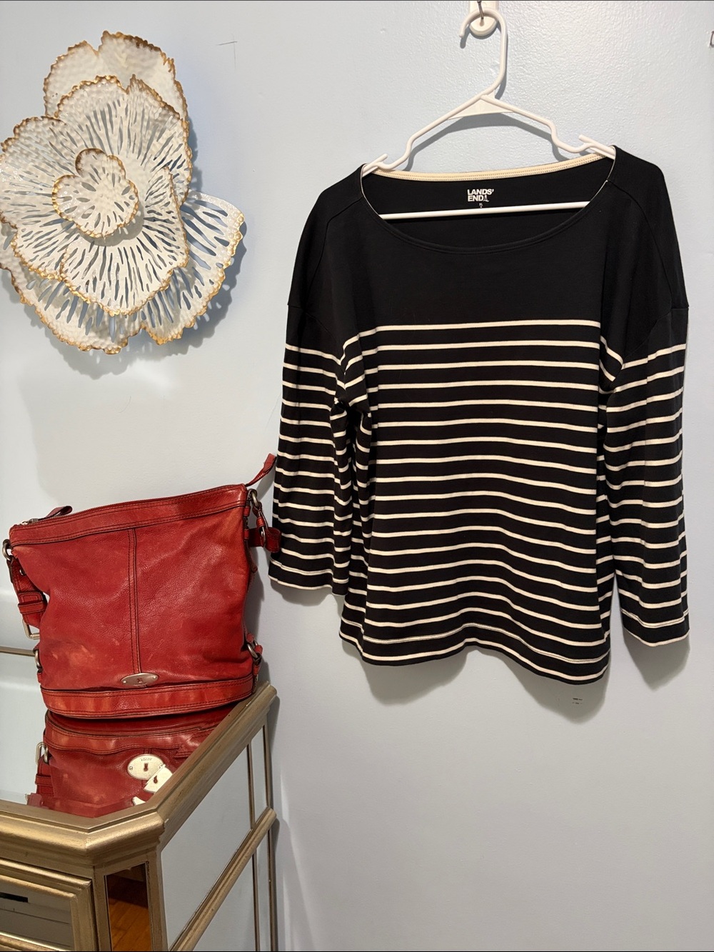 Lands' End Black and Cream Striped Long-Sleeve Tee